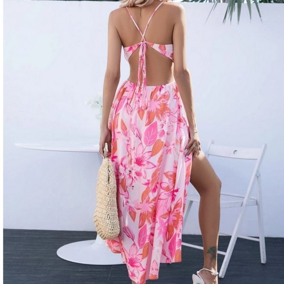 Floral print slit thigh cutout waist backless Maxi dress - Picture 7 of 8